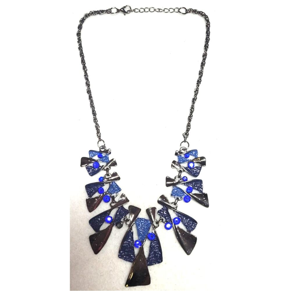 Vtg Gunmetal Statement Necklace Bold Cobalt Blue Enamel Geometric Abstract Bib